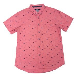 Five Point Industries Men's Shirt L Pink Shark Print Short Sleeve Button Up